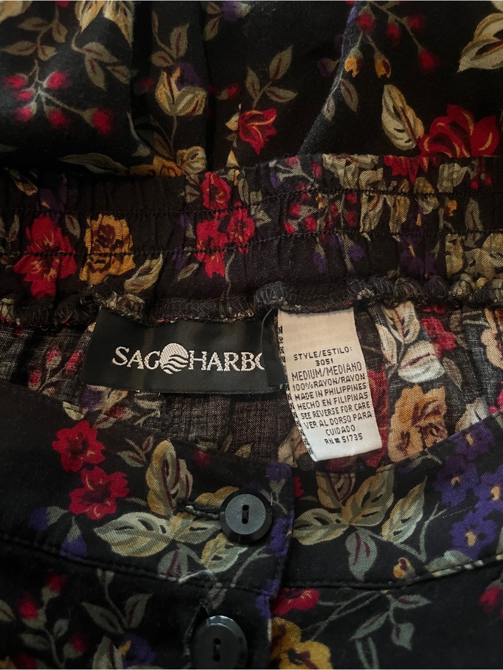 Vintage Floral Button-Front Midi Skirt - Black with Red & Yellow Flowers - Picture 7 of 7